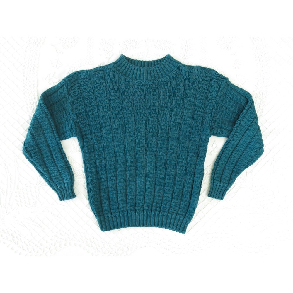Vintage 90s REI Women's M Teal Green Cotton Sweater USA Made Rib Mock Neck